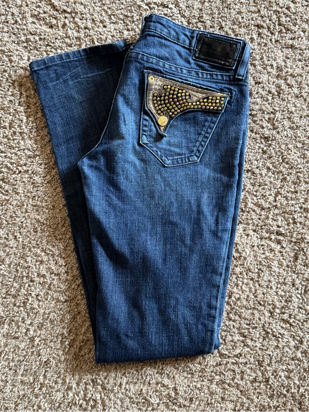 💥Robin's Jean Gold Studded Killer Flap Dark Wash Straight Leg Jeans - Size 30
